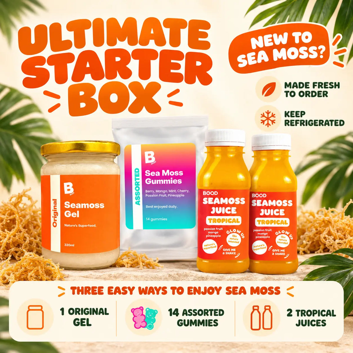 BOOD Ultimate Starter Box with Original Sea Moss Gel, Assorted Sea Moss Gummies and two Tropical Sea Moss Juices