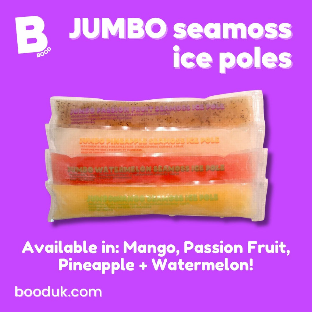 Jumbo seamoss ice poles available in mango, passionfruit, pineapple and watermelon
