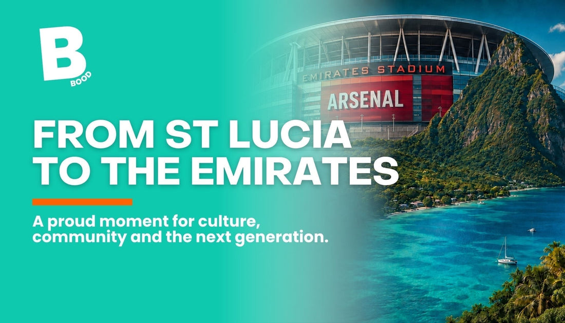 Emirates Stadium above the Pitons and Saint Lucia coastline, representing the Arsenal and Saint Lucia partnership