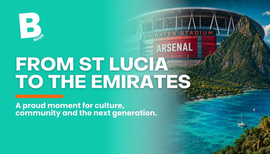 Emirates Stadium above the Pitons and Saint Lucia coastline, representing the Arsenal and Saint Lucia partnership