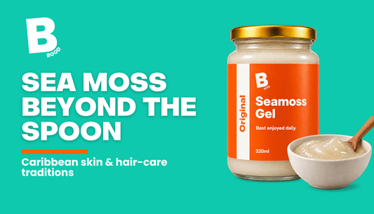 BOOD Original Sea Moss Gel beside a bowl and wooden spoon, with text: “Sea Moss Beyond the Spoon — Caribbean skin & hair-care traditions.”