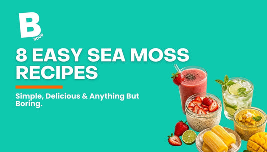 BOOD sea moss recipe ideas including a strawberry smoothie, overnight oats, mango chia pudding, lime cooler and mango ice lollies