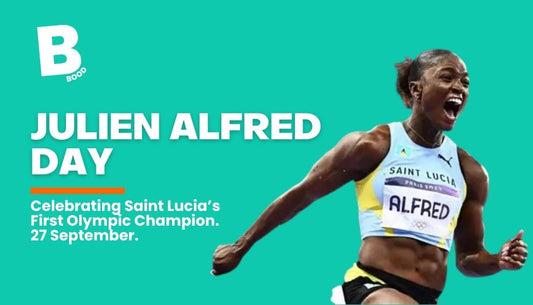 Julien Alfred celebrating her Olympic victory on a BOOD blog cover for Julien Alfred Day, 27 September.