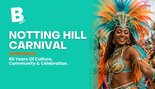 Notting Hill Carnival masqueraders in colourful costumes celebrating 60 years of Caribbean culture and community