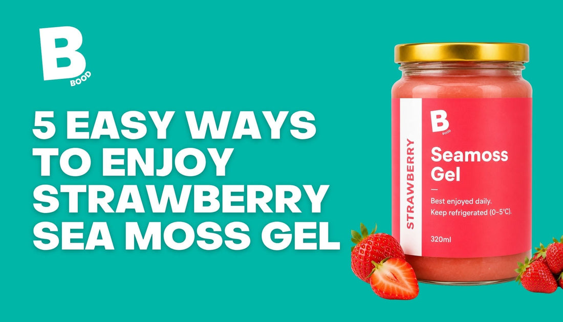 BOOD Strawberry Sea Moss Gel jar with fresh strawberries