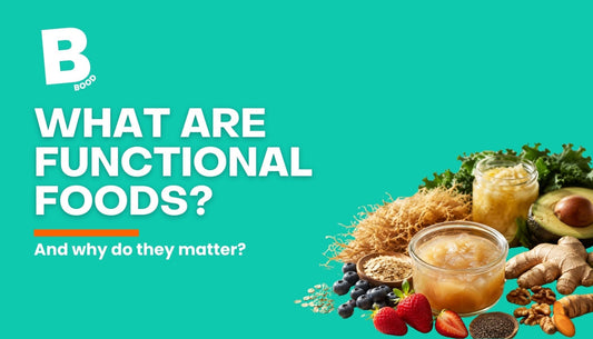 A selection of colourful functional foods alongside BOOD sea moss products