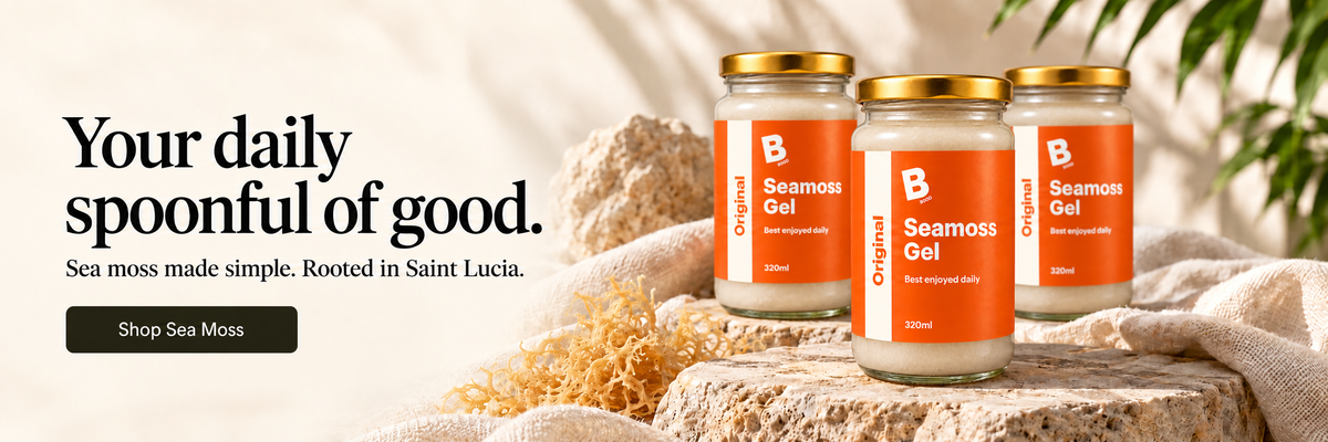 Three BOOD Original Sea Moss Gel jars with orange labels and gold lids, displayed on natural stone beside sea moss.