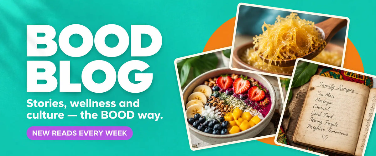 BOOD Blog banner featuring sea moss, plant-based food and a family recipe book.