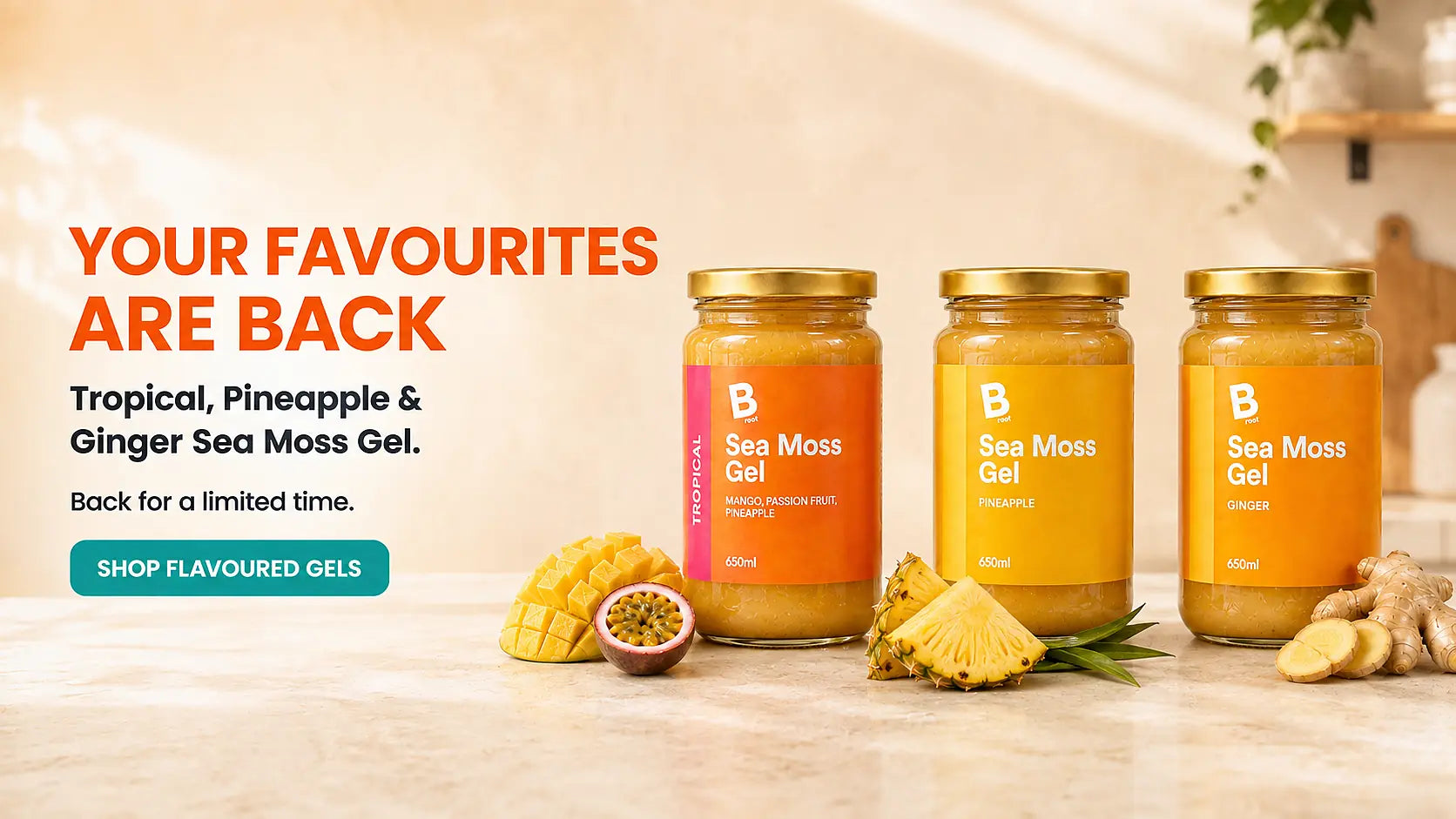 Tropical, pineapple and ginger BOOD sea moss gel jars with fresh fruit