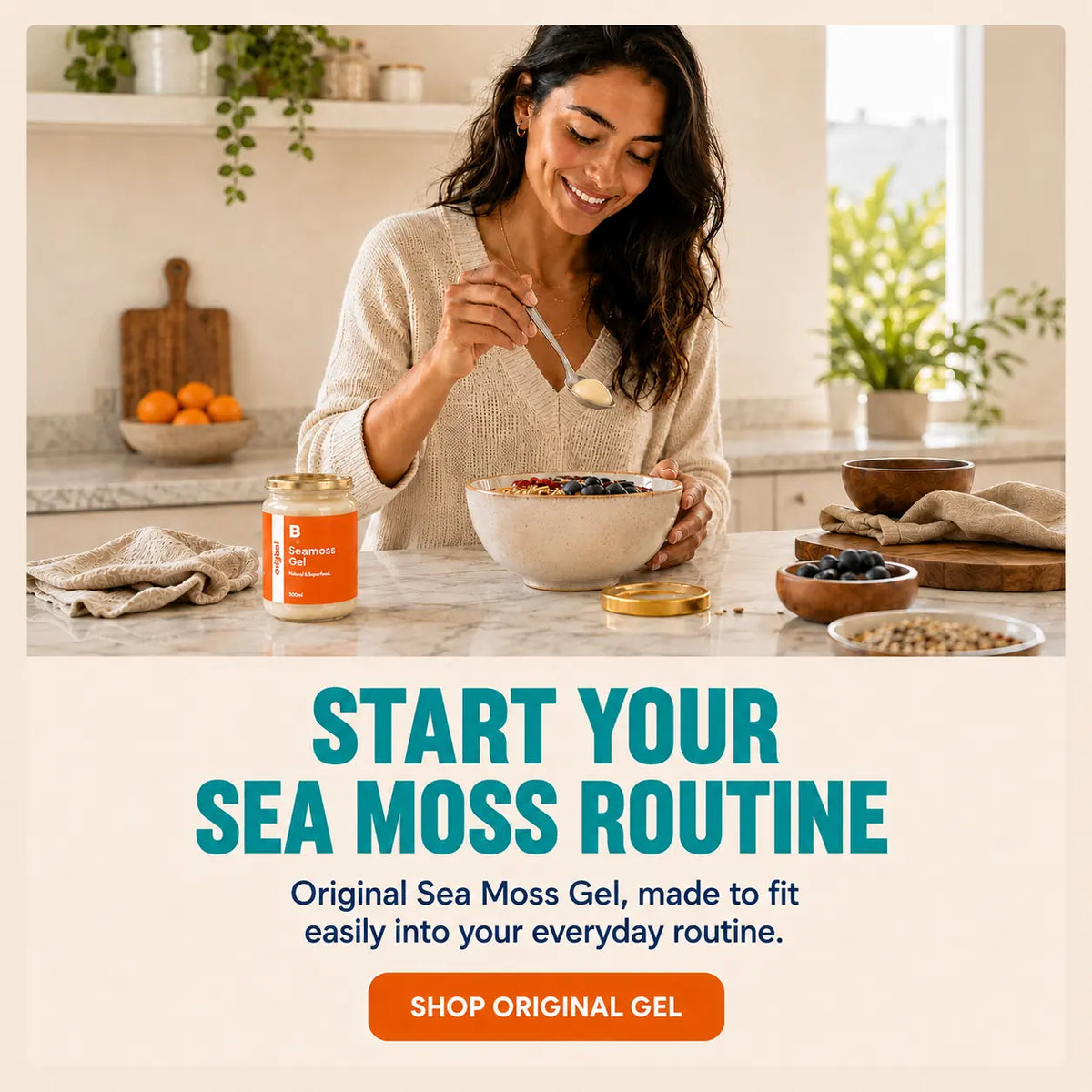 A woman in a bright kitchen is shown eating from a bowl with a spoon, with a jar of Original Sea Moss Gel placed on the counter beside her. Large promotional text below reads 'START YOUR SEA MOSS ROUTINE' and 'SHOP ORIGINAL GEL'.