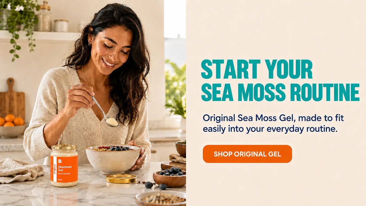 A woman in a bright kitchen eats from a bowl while a jar of sea moss gel sits on the counter. Large text on the right reads 'START YOUR SEA MOSS ROUTINE' with a button that says 'SHOP ORIGINAL GEL'.