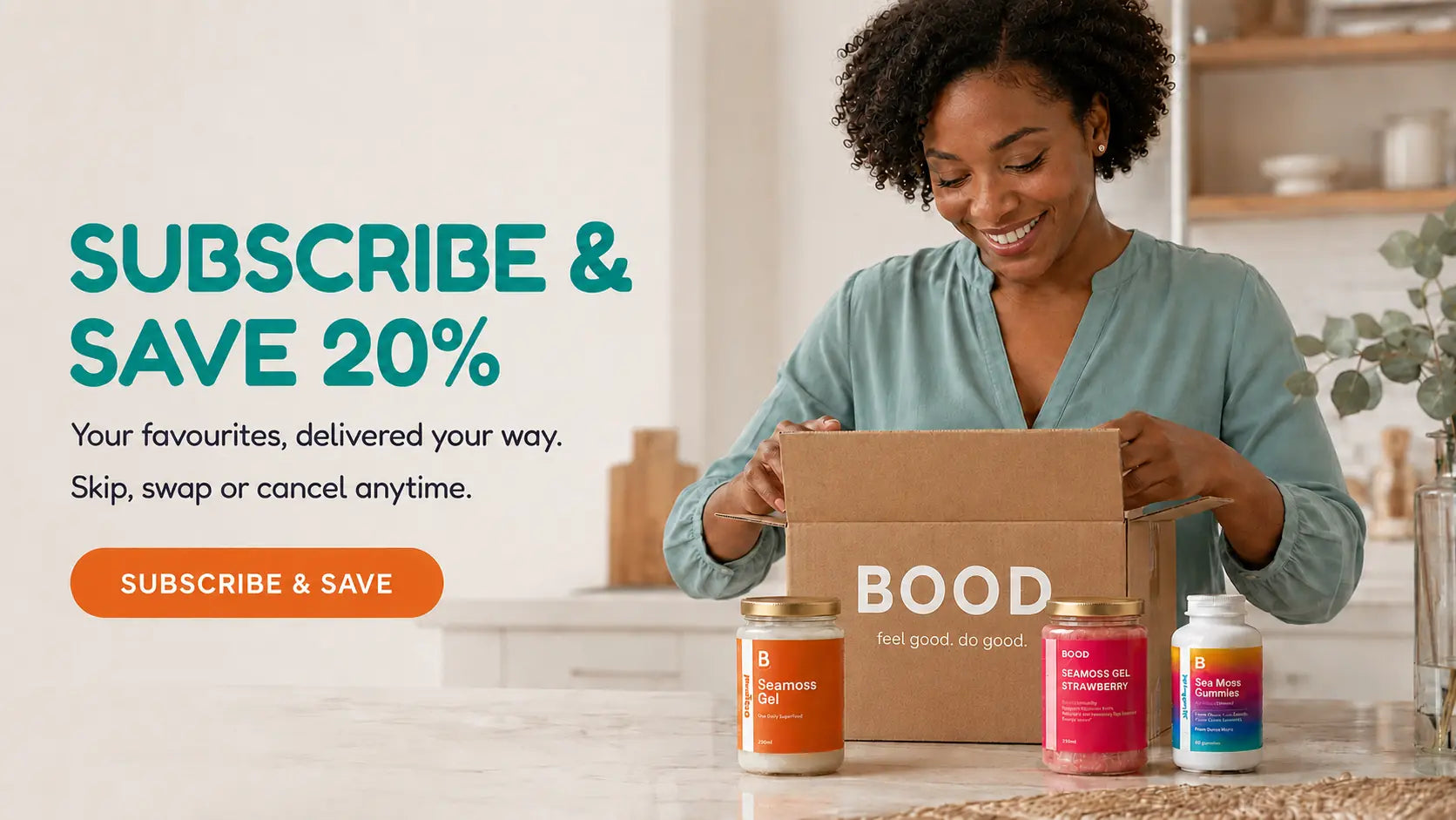 Woman opening a BOOD sea moss subscription box with gels and gummies
